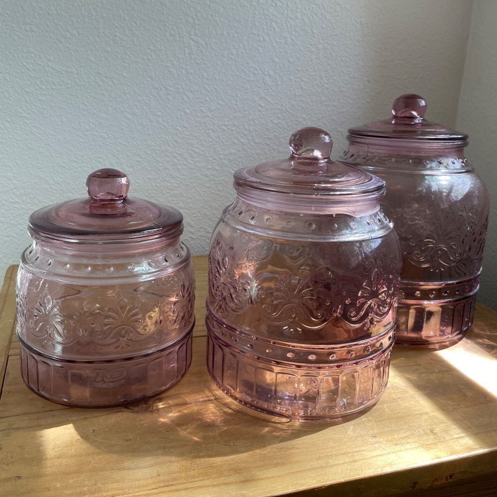 Lot Set 3 pc The Pioneer Woman Cassie Embossed Glass Rose Purple Canister JARS